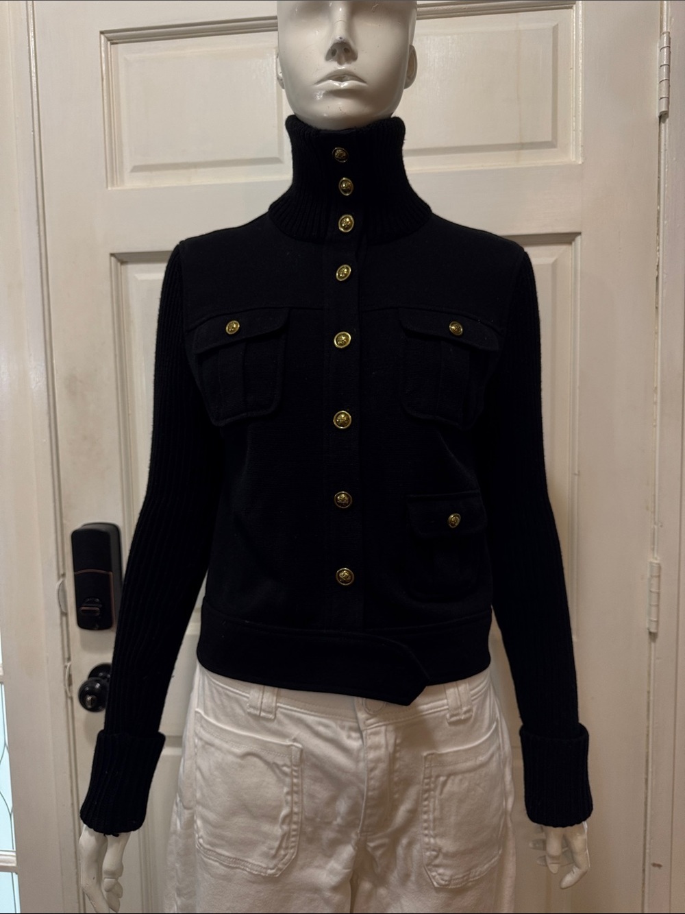 Tory Burch Black Button-Up Turtleneck Military Style Cardigan size small